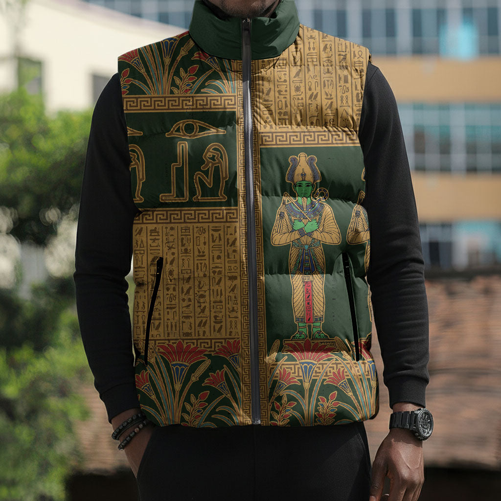 Egyptian God Osiris Sleeveless Puffer Jacket Green Pharaonic Hieroglyphic Patterns