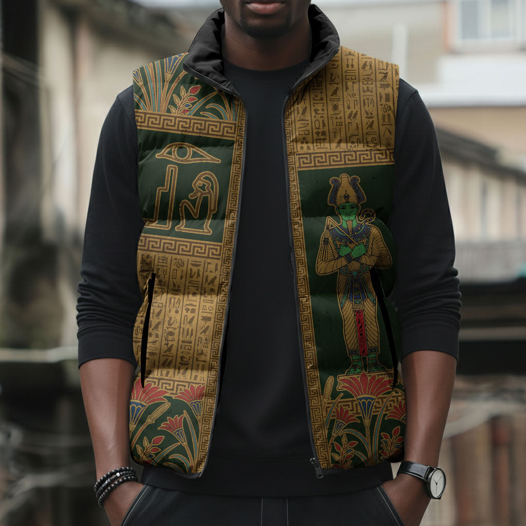 Egyptian God Osiris Sleeveless Puffer Jacket Green Pharaonic Hieroglyphic Patterns