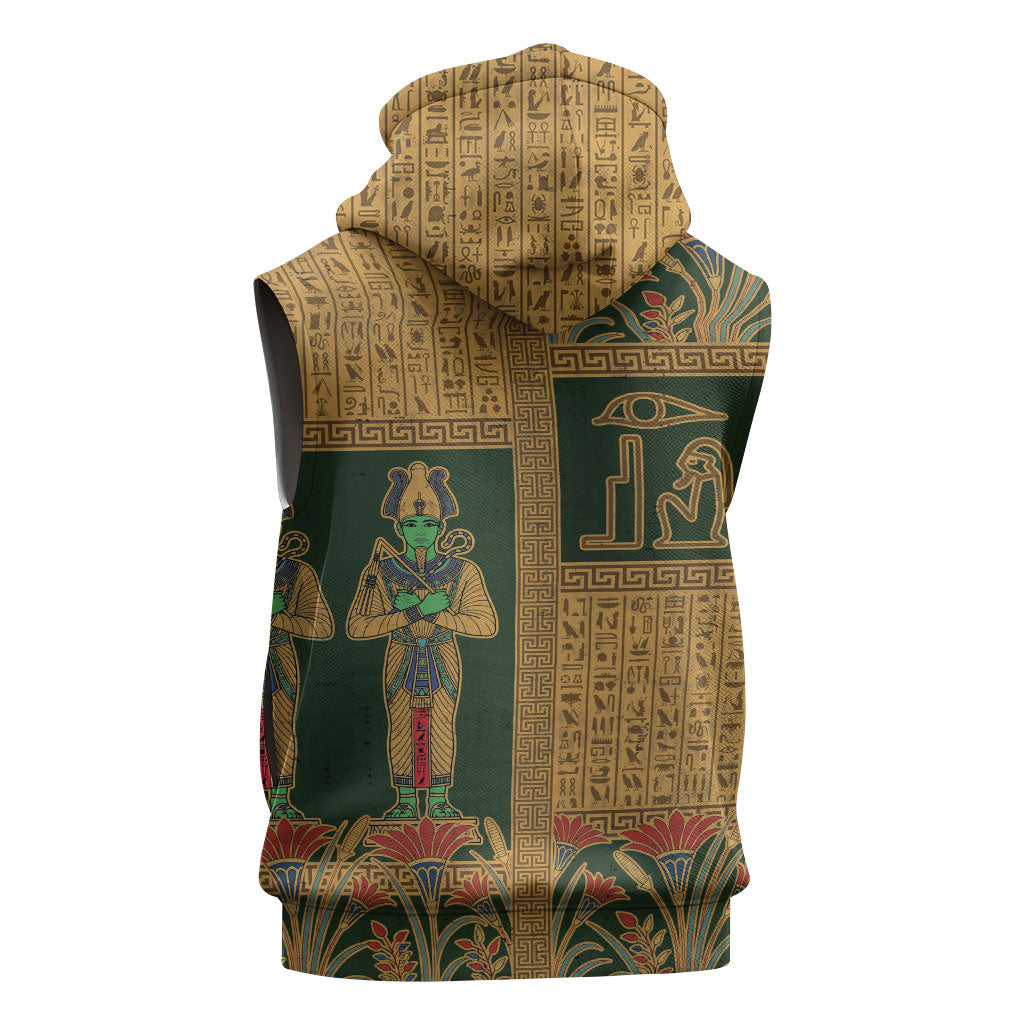 Egyptian God Osiris Sleeveless Zip Hoodie Green Pharaonic Hieroglyphic Patterns