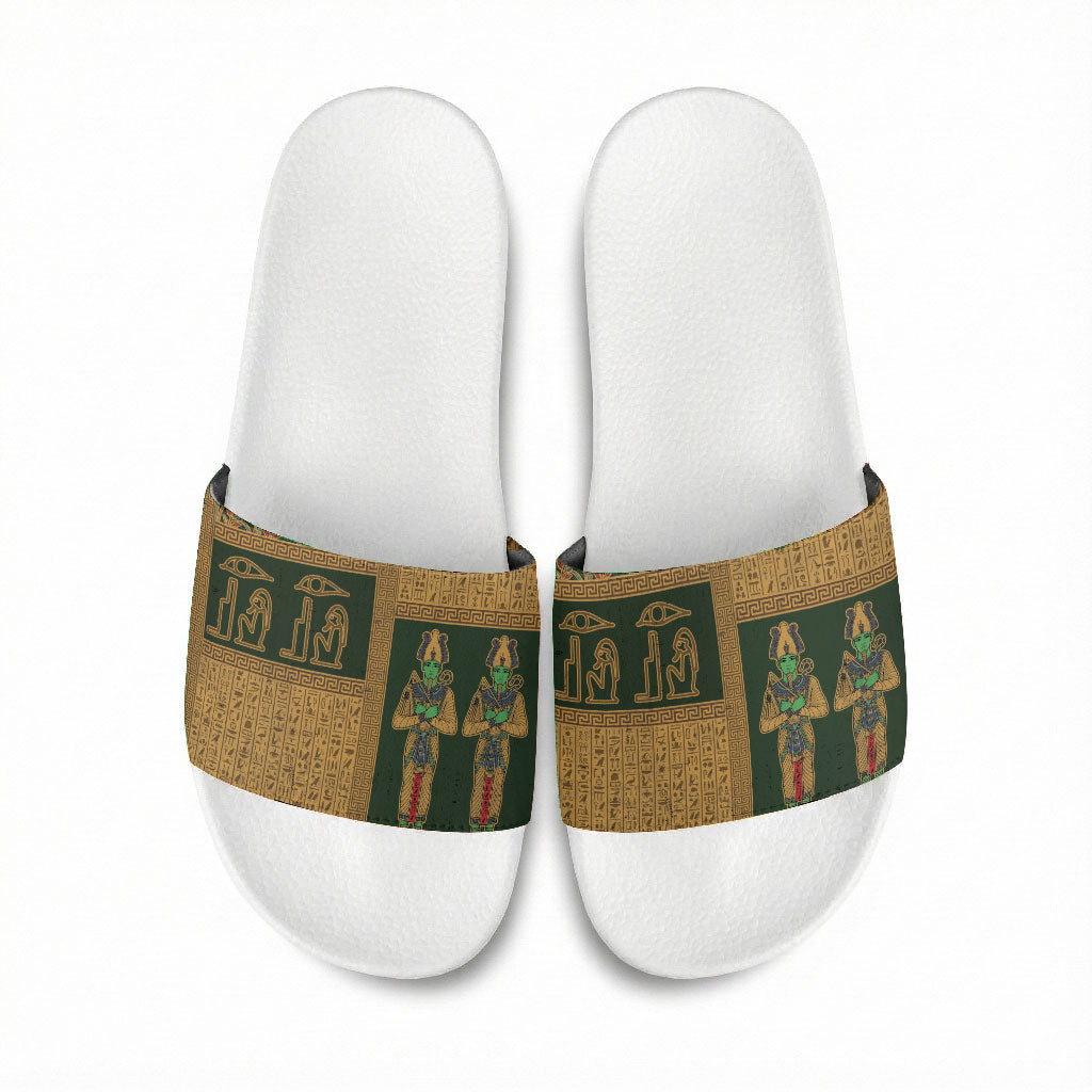 Egyptian God Osiris Slide Sandals Green Pharaonic Hieroglyphic Patterns