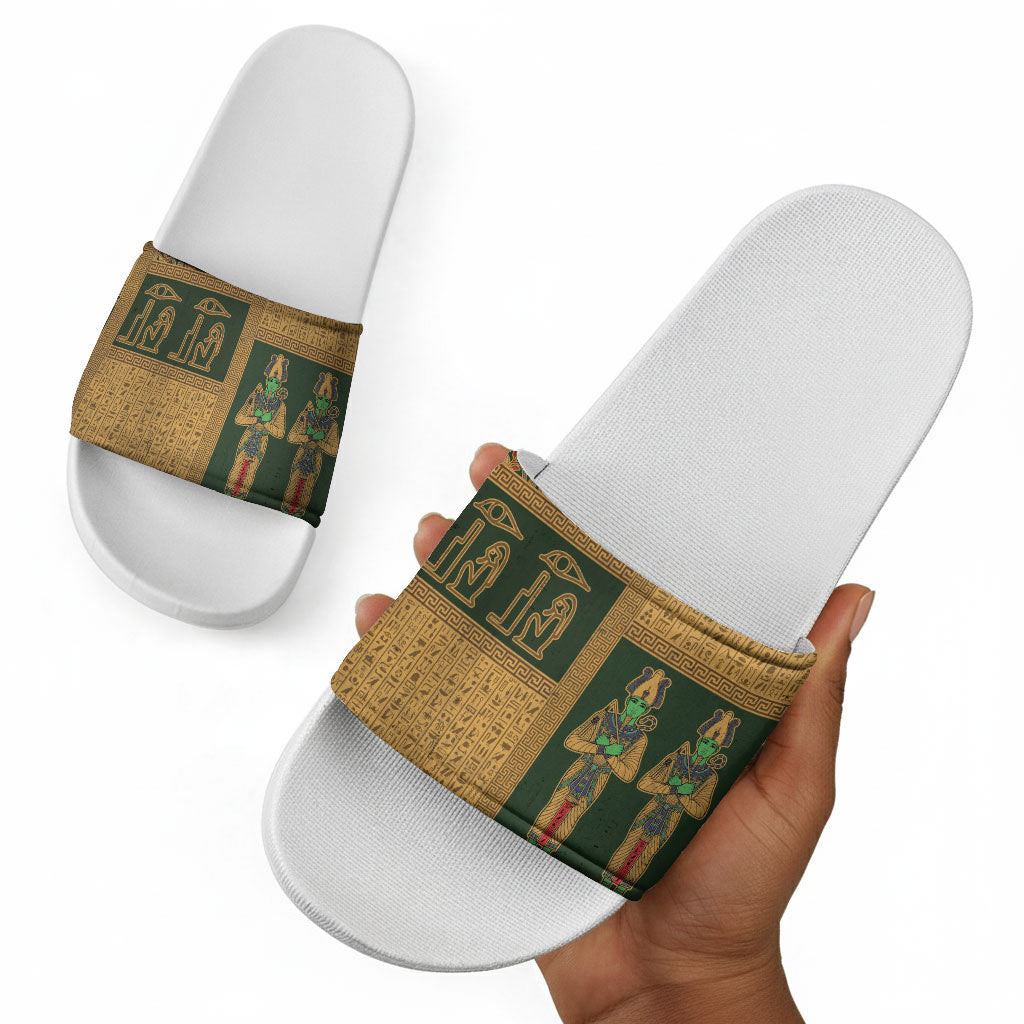 Egyptian God Osiris Slide Sandals Green Pharaonic Hieroglyphic Patterns