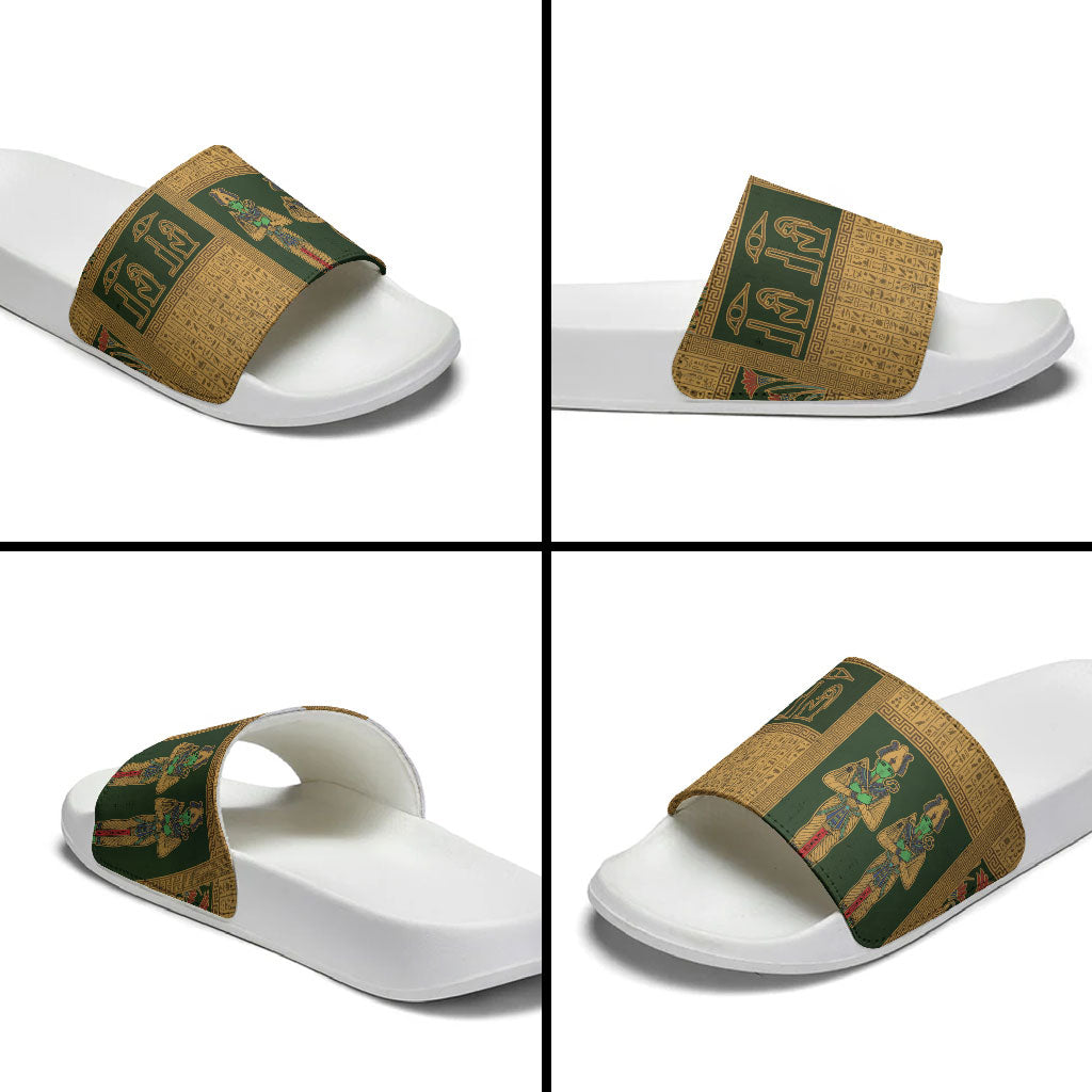 Egyptian God Osiris Slide Sandals Green Pharaonic Hieroglyphic Patterns
