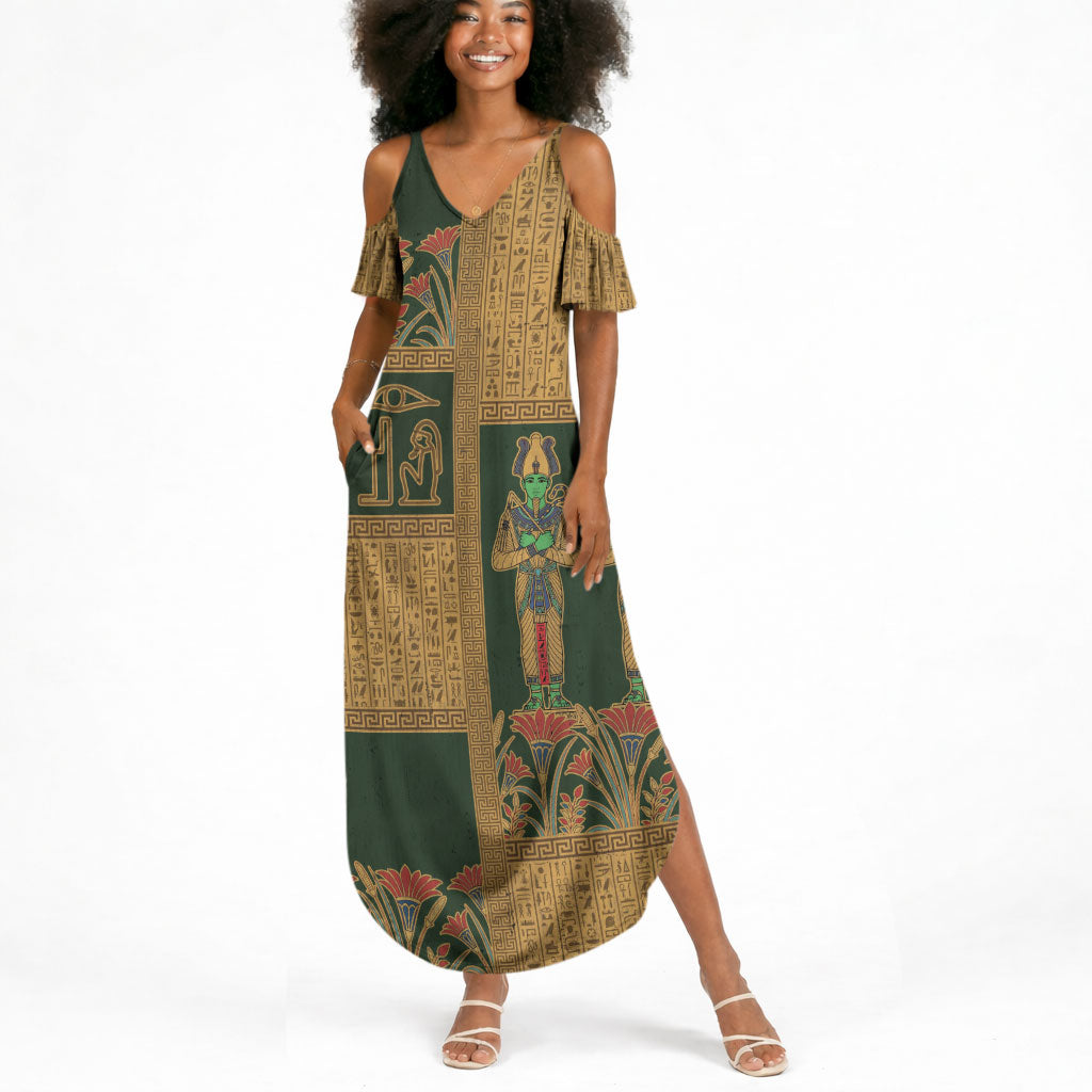 Egyptian God Osiris Summer Maxi Dress Green Pharaonic Hieroglyphic Patterns