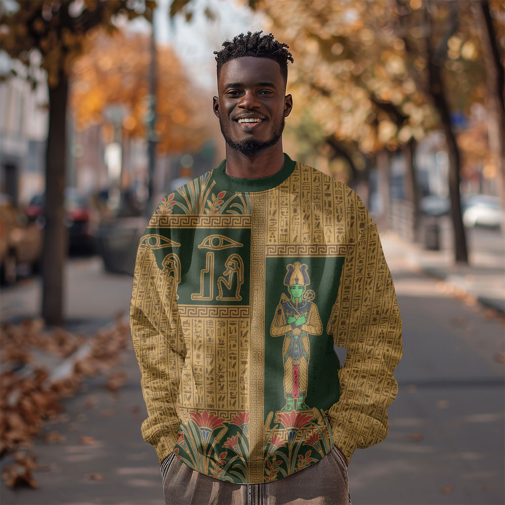 Egyptian God Osiris Sweatshirt Green Pharaonic Hieroglyphic Patterns