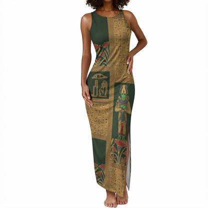 Egyptian God Osiris Tank Maxi Dress Green Pharaonic Hieroglyphic Patterns