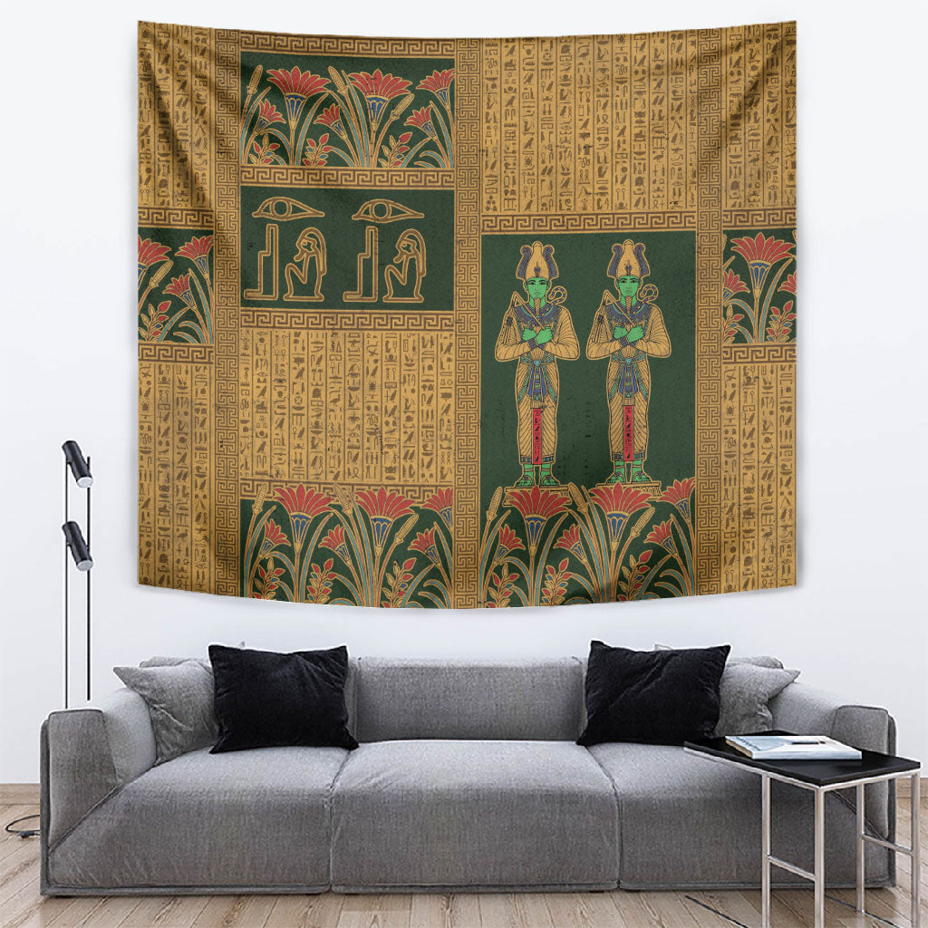 Egyptian God Osiris Tapestry Green Pharaonic Hieroglyphic Patterns