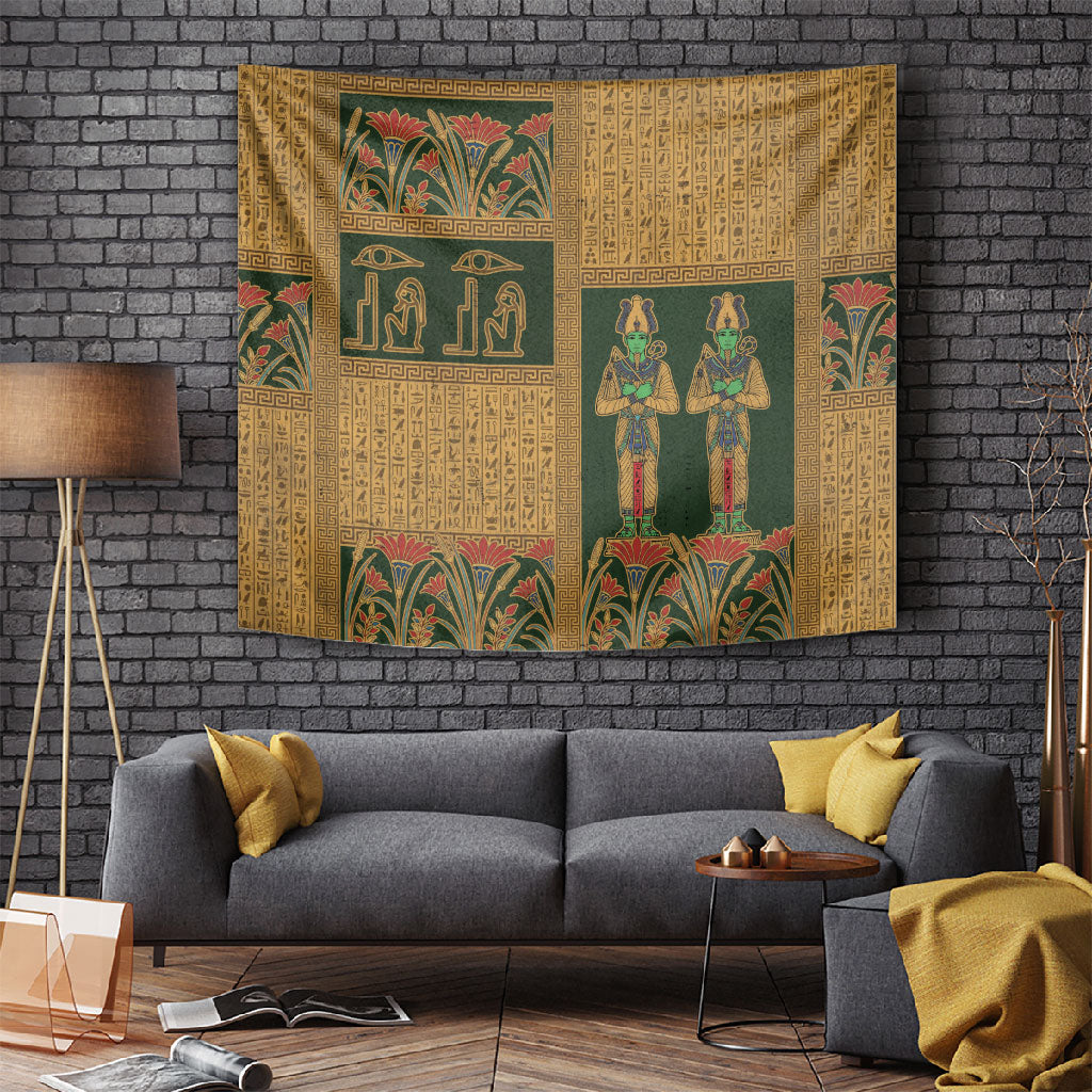 Egyptian God Osiris Tapestry Green Pharaonic Hieroglyphic Patterns