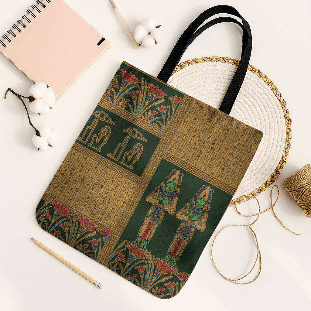 Egyptian God Osiris Tote Bag Green Pharaonic Hieroglyphic Patterns