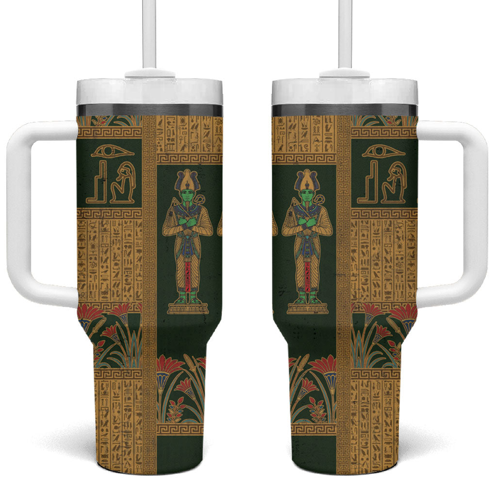 Egyptian God Osiris Tumbler With Handle Green Pharaonic Hieroglyphic Patterns