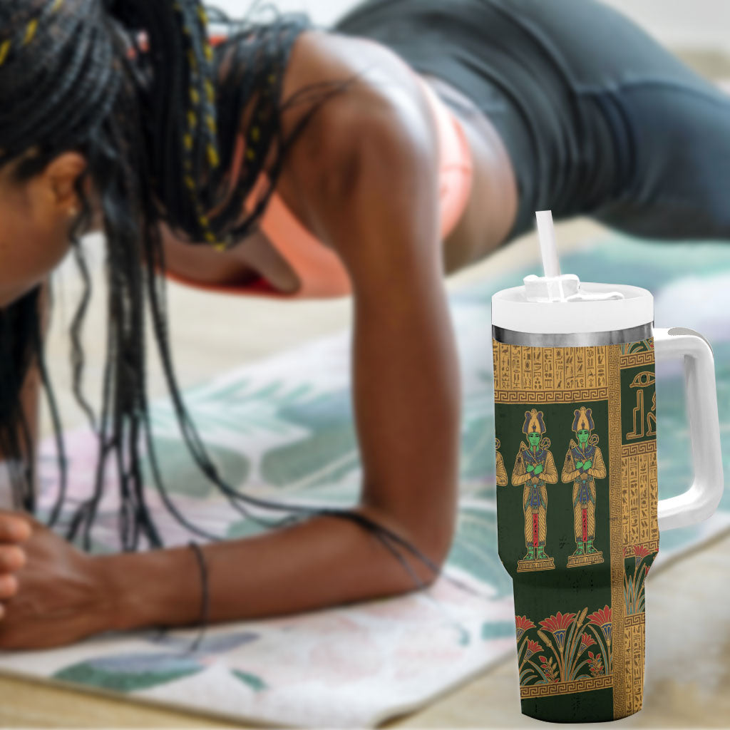 Egyptian God Osiris Tumbler With Handle Green Pharaonic Hieroglyphic Patterns