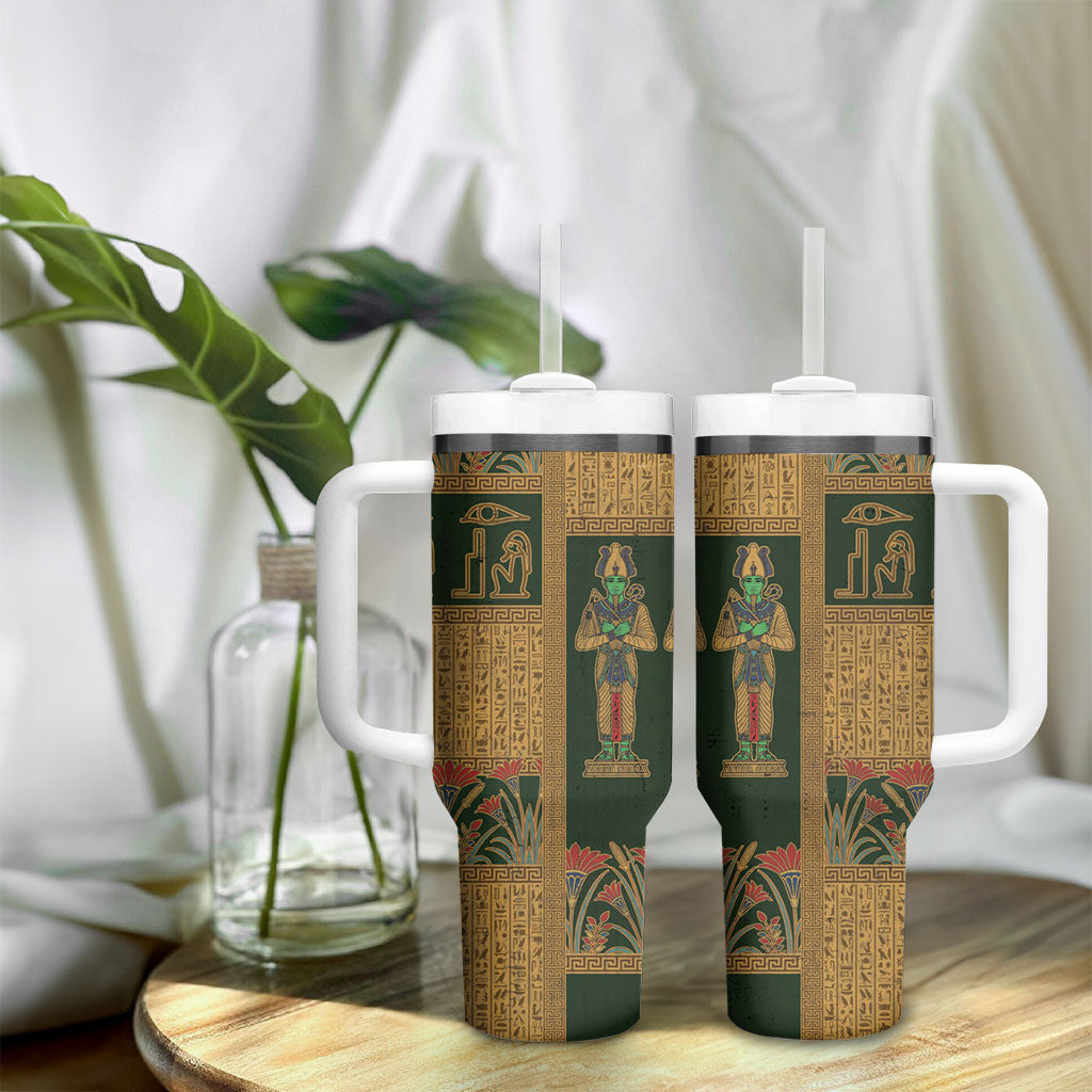 Egyptian God Osiris Tumbler With Handle Green Pharaonic Hieroglyphic Patterns