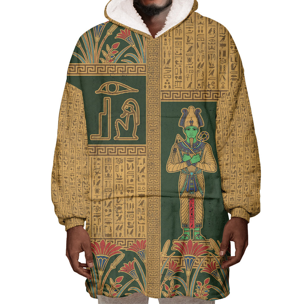 Egyptian God Osiris Wearable Blanket Hoodie Green Pharaonic Hieroglyphic Patterns