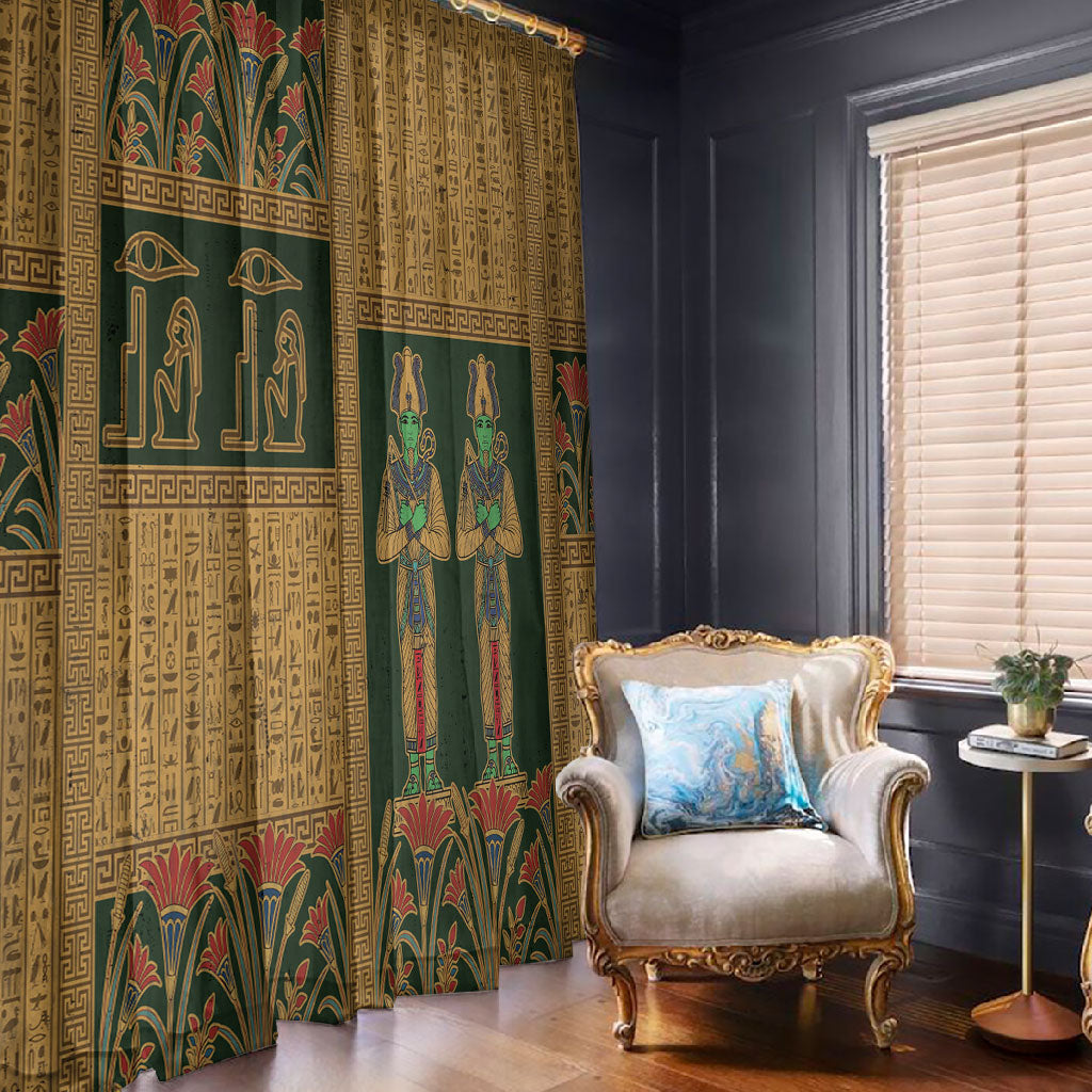 Egyptian God Osiris Window Curtain Green Pharaonic Hieroglyphic Patterns