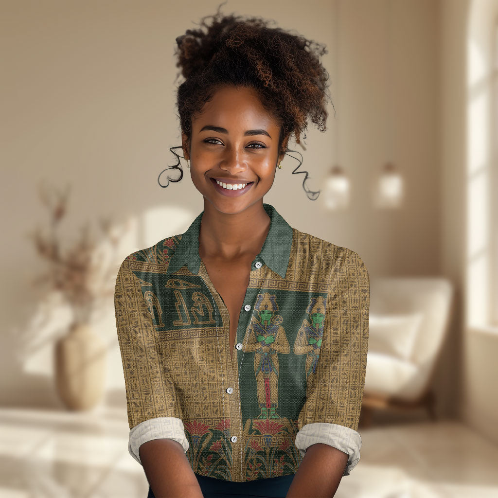 Egyptian God Osiris Women Casual Shirt Green Pharaonic Hieroglyphic Patterns