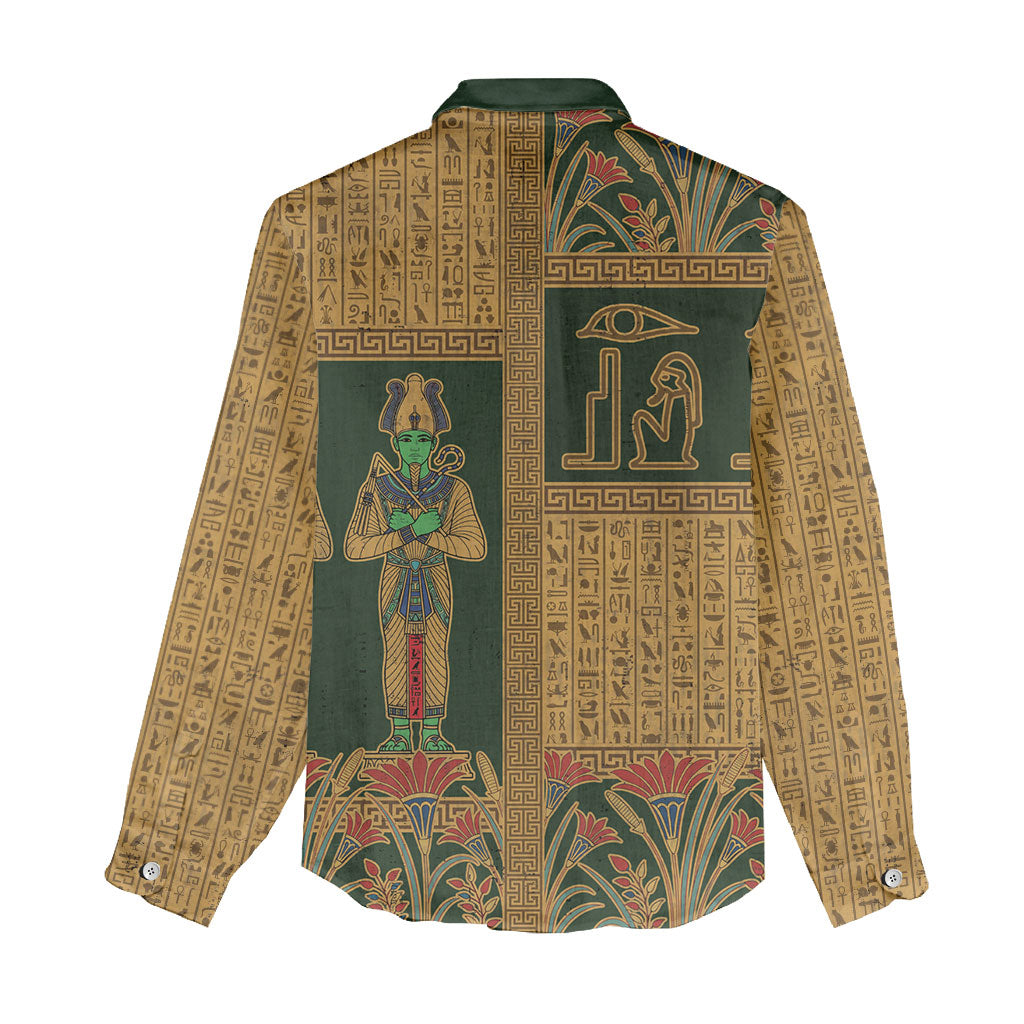 Egyptian God Osiris Women Casual Shirt Green Pharaonic Hieroglyphic Patterns
