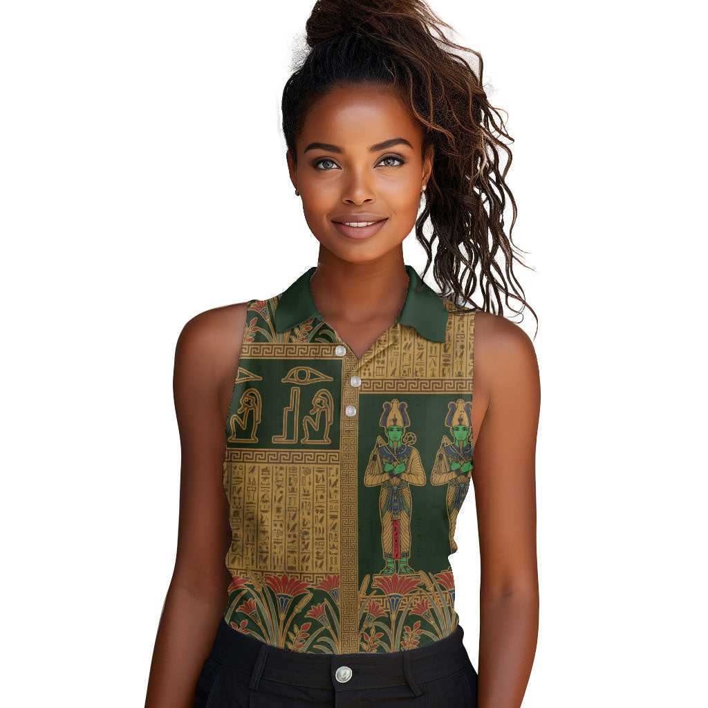 Egyptian God Osiris Women Sleeveless Polo Shirt Green Pharaonic Hieroglyphic Patterns