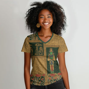 Egyptian God Osiris Women V-Neck T-Shirt Green Pharaonic Hieroglyphic Patterns
