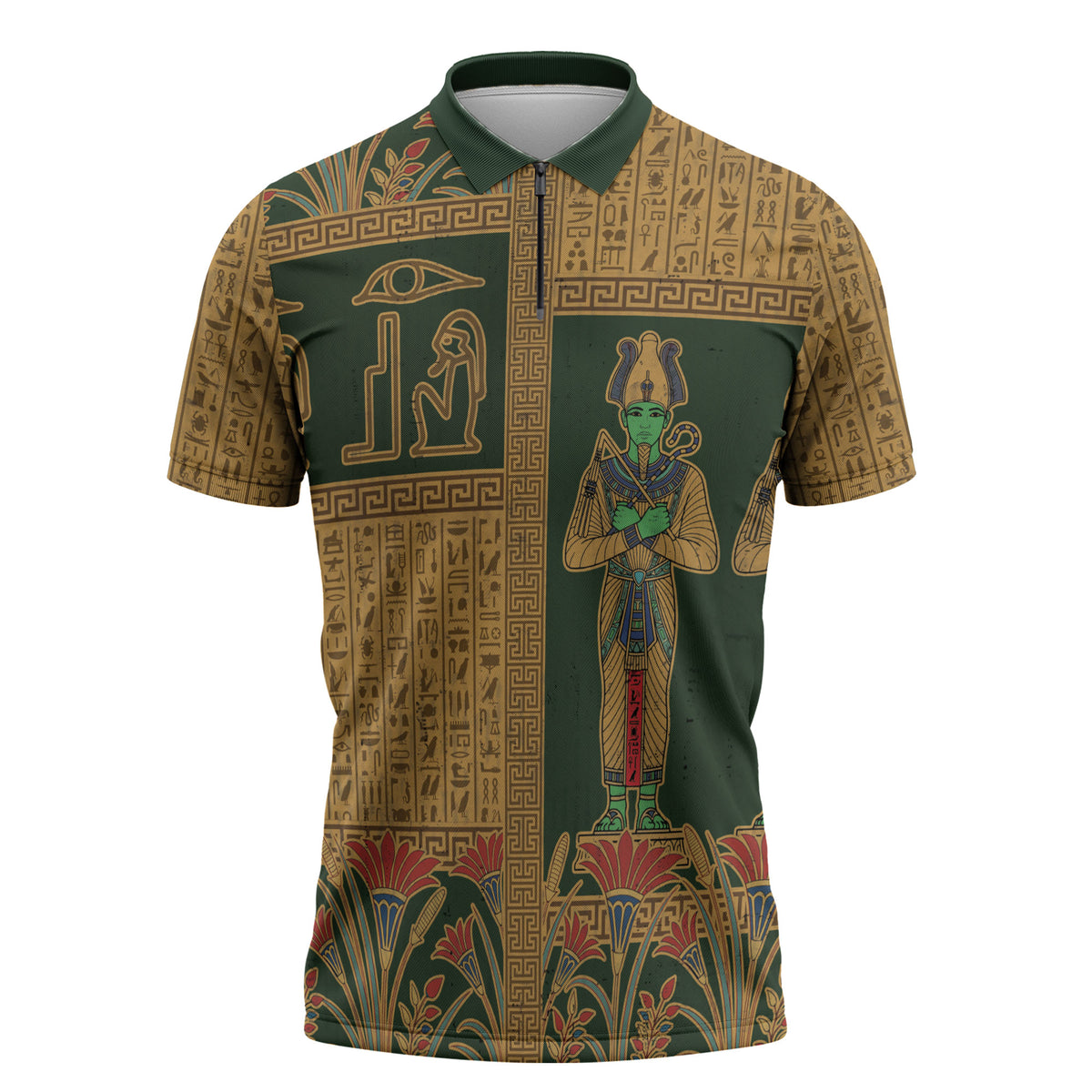 Egyptian God Osiris Zipper Polo Shirt Green Pharaonic Hieroglyphic Patterns