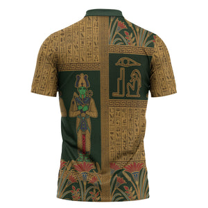 Egyptian God Osiris Zipper Polo Shirt Green Pharaonic Hieroglyphic Patterns