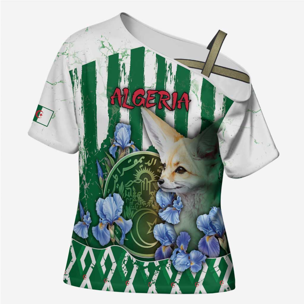 Personalized Algeria Cross Shoulder Shirt Fennec And Iris Grunge Style - African Pride