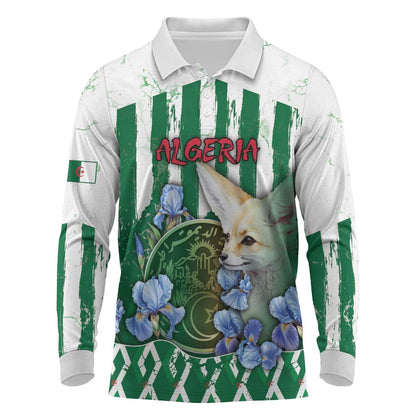 Personalized Algeria Long Sleeve Polo Shirt Fennec And Iris Grunge Style - African Pride