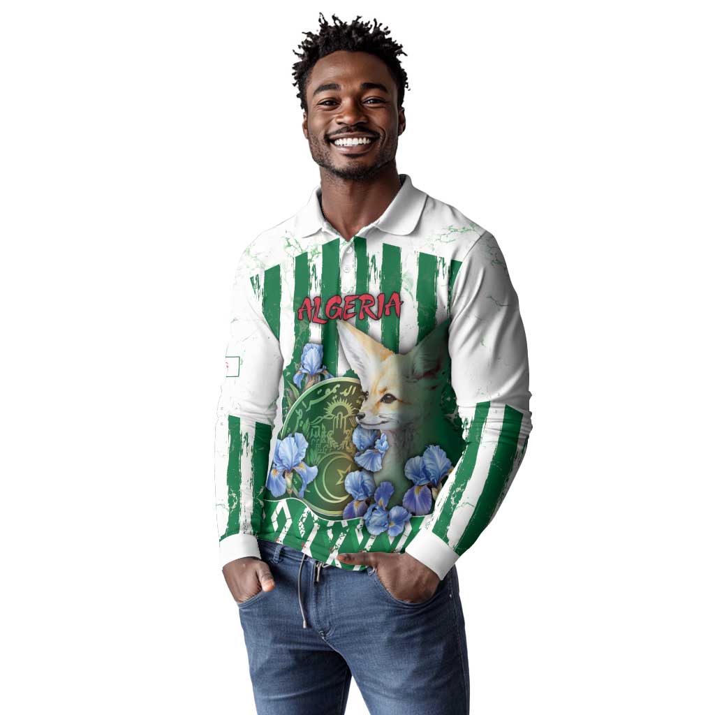 Personalized Algeria Long Sleeve Polo Shirt Fennec And Iris Grunge Style - African Pride