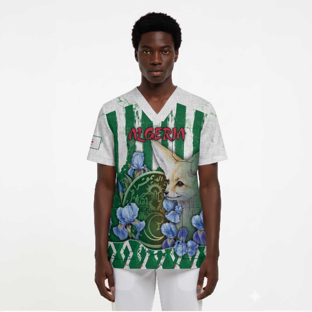 Personalized Algeria Scrub Top Fennec And Iris Grunge Style - African Pride
