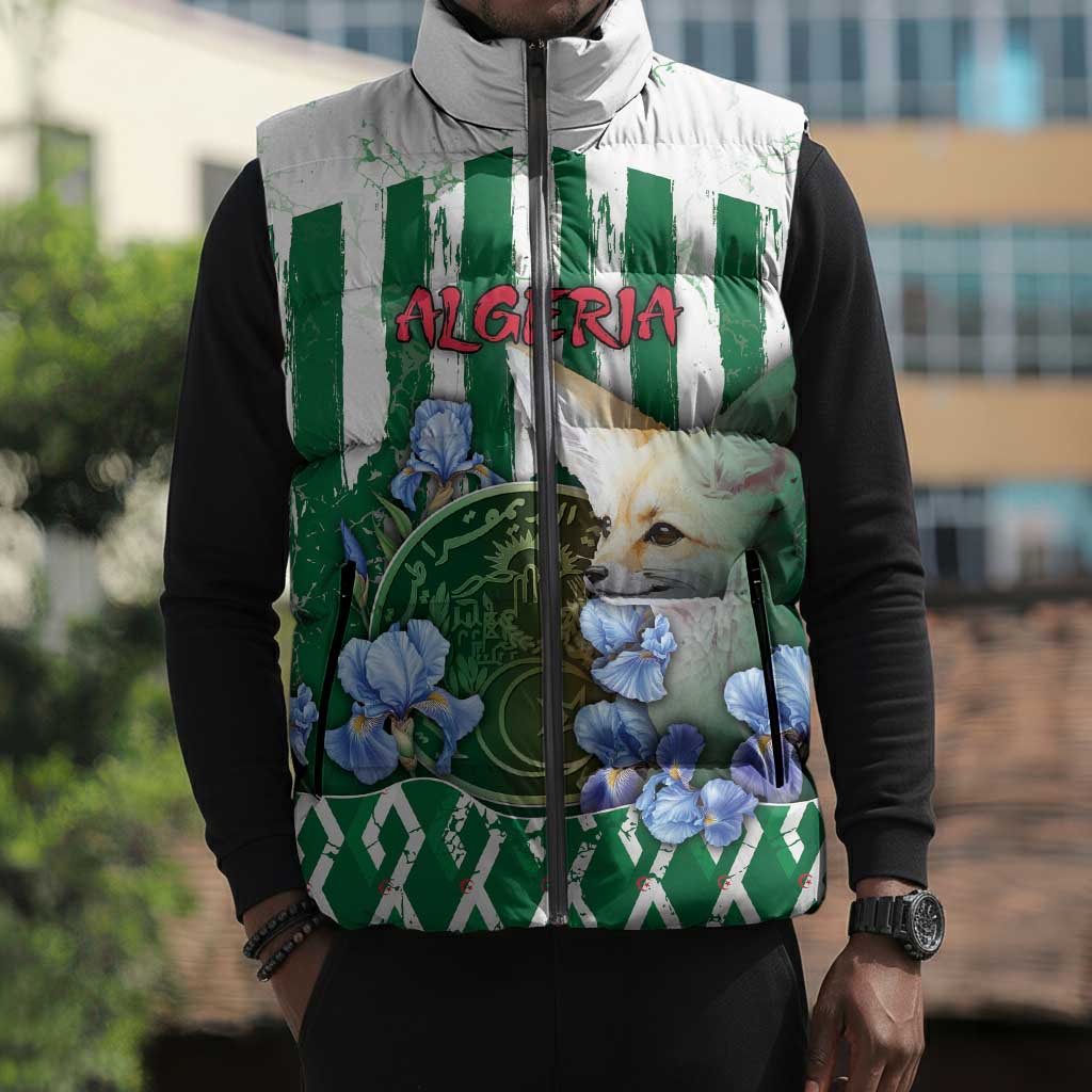 Personalized Algeria Sleeveless Puffer Jacket Fennec And Iris Grunge Style - African Pride