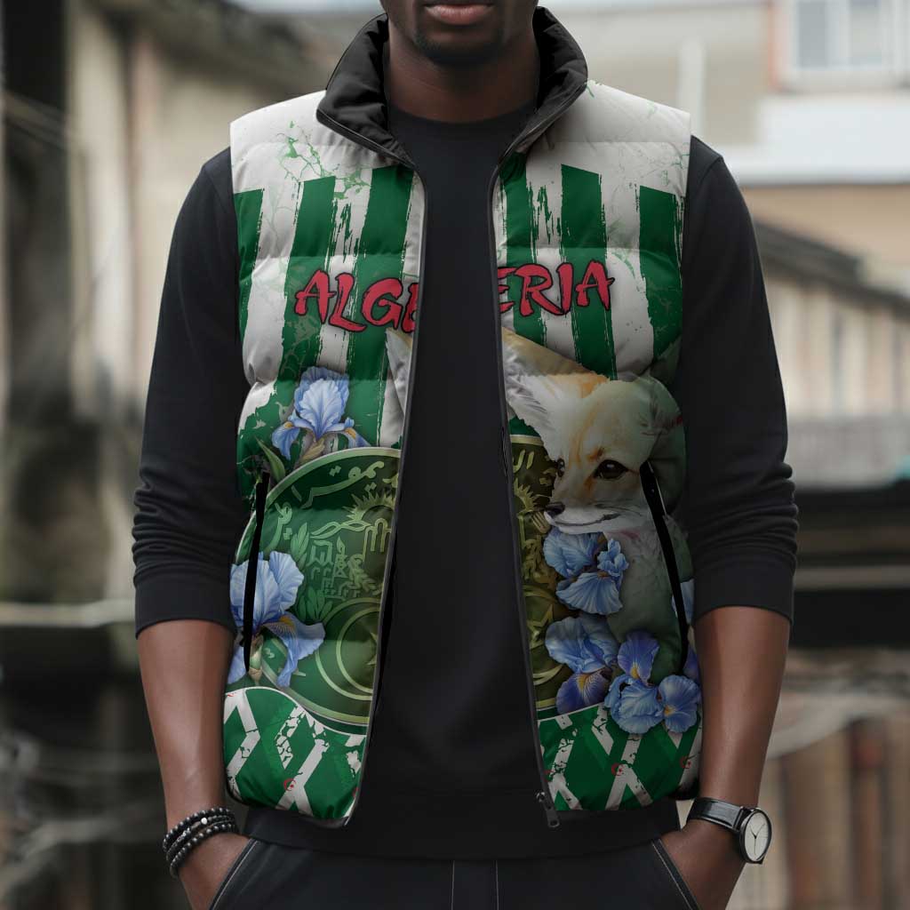 Personalized Algeria Sleeveless Puffer Jacket Fennec And Iris Grunge Style - African Pride