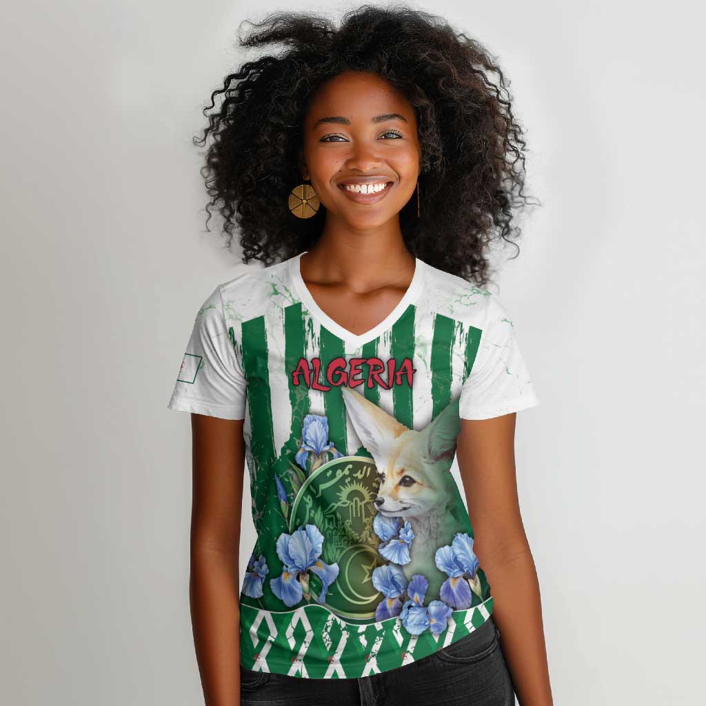 Personalized Algeria Women V-Neck T-Shirt Fennec And Iris Grunge Style - African Pride