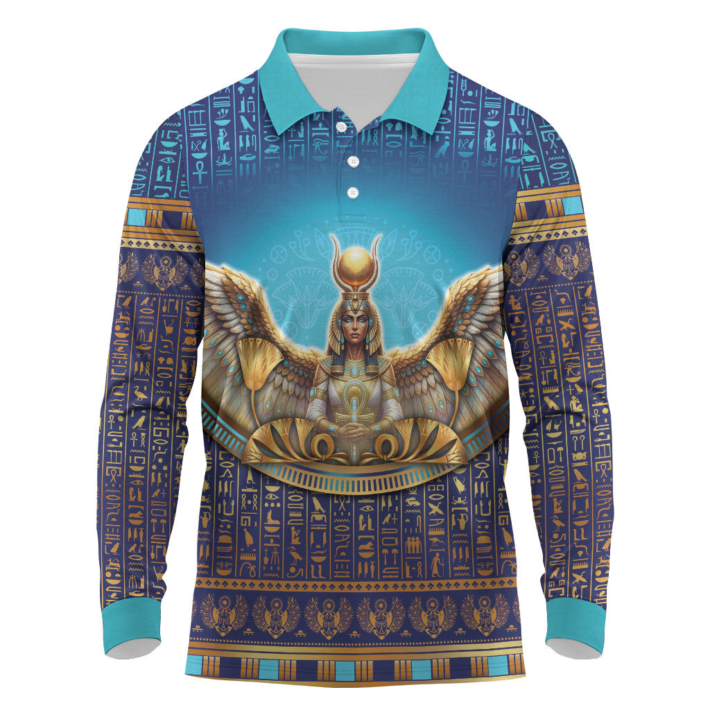 Egyptian Goddess Isis Long Sleeve Polo Shirt Ancient Mythology Winged Queen