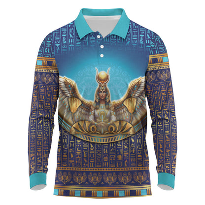 Egyptian Goddess Isis Long Sleeve Polo Shirt Ancient Mythology Winged Queen