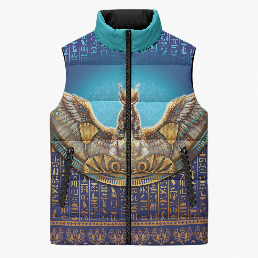 Egyptian Goddess Isis Sleeveless Puffer Jacket Ancient Mythology Winged Queen