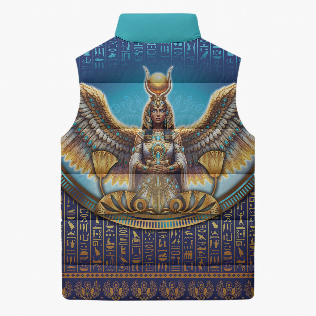 Egyptian Goddess Isis Sleeveless Puffer Jacket Ancient Mythology Winged Queen