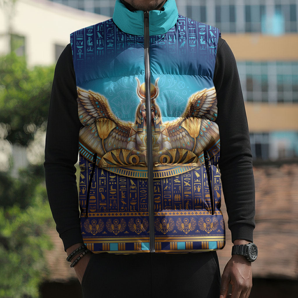 Egyptian Goddess Isis Sleeveless Puffer Jacket Ancient Mythology Winged Queen