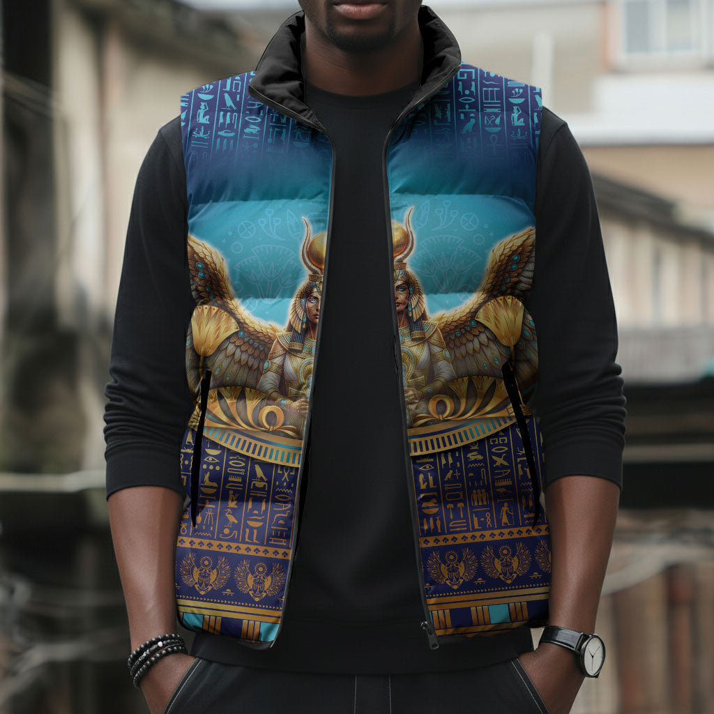 Egyptian Goddess Isis Sleeveless Puffer Jacket Ancient Mythology Winged Queen