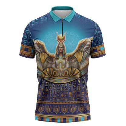 Egyptian Goddess Isis Zipper Polo Shirt Ancient Mythology Winged Queen