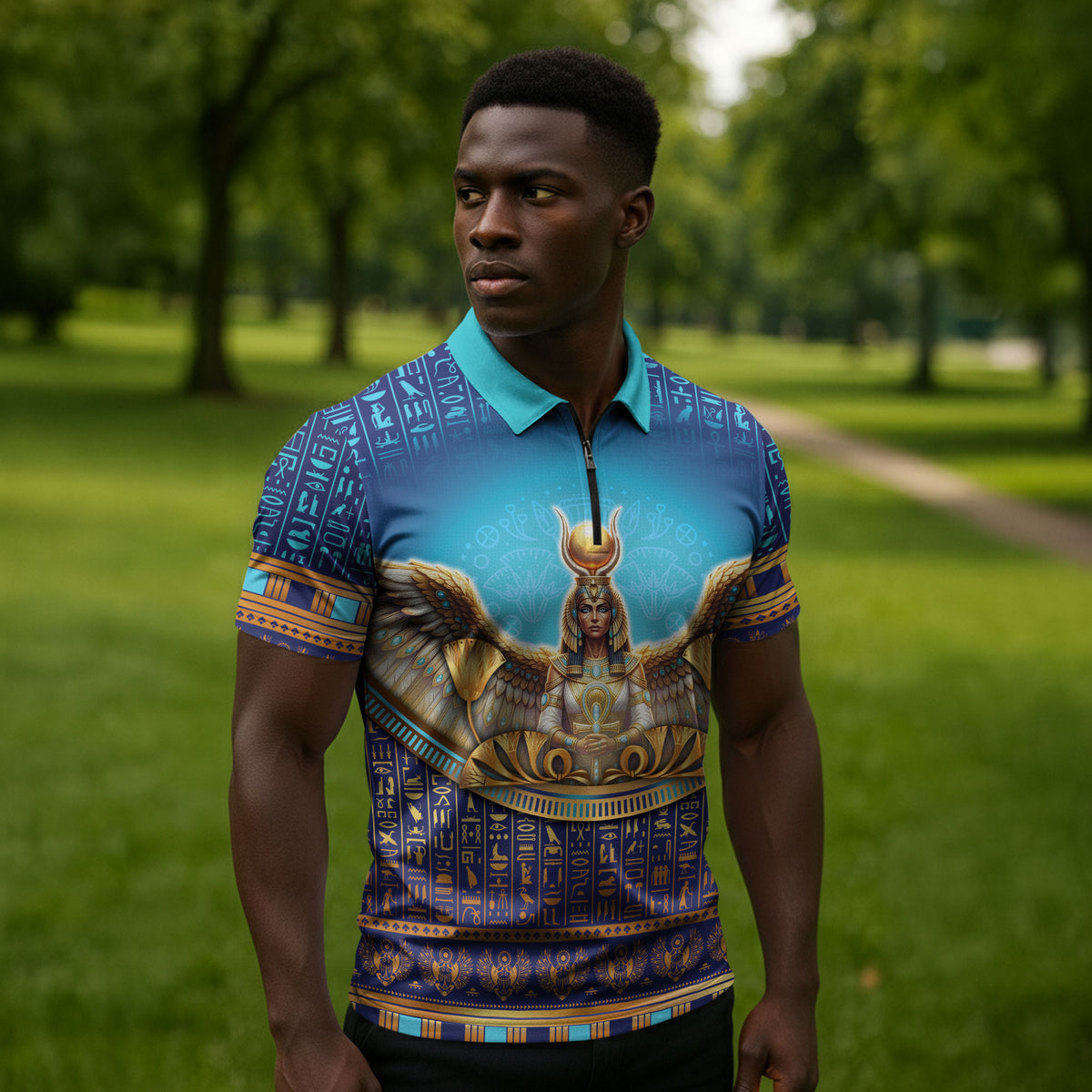 Egyptian Goddess Isis Zipper Polo Shirt Ancient Mythology Winged Queen