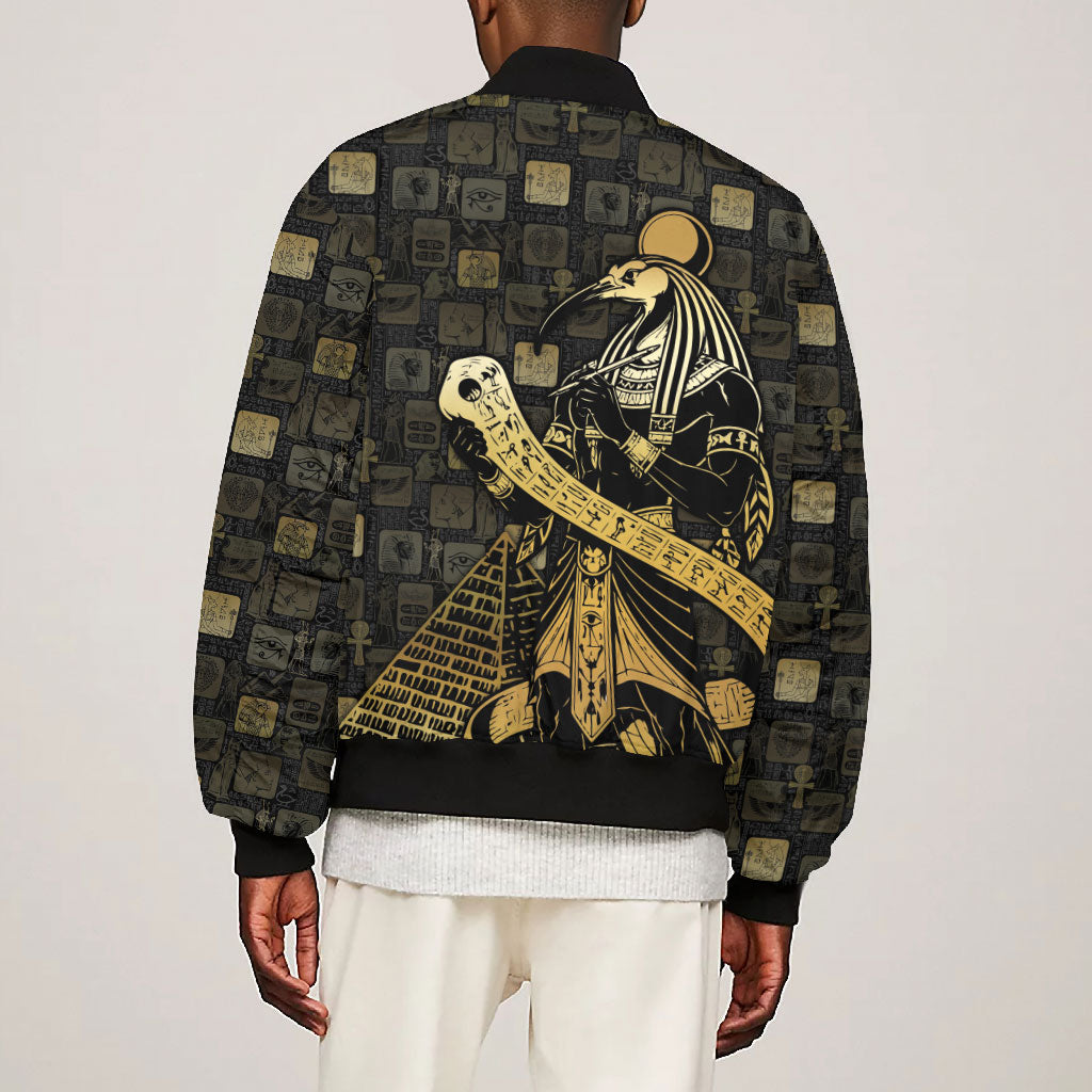 Egyptian God Thoth Bomber Jacket Ancient Mythology Ibis Wisdom Hieroglyphic