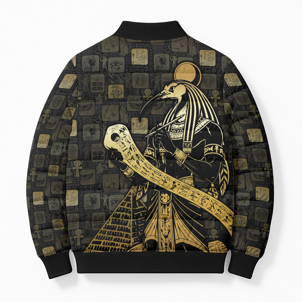 Egyptian God Thoth Bomber Puffer Jacket Ancient Mythology Ibis Wisdom Hieroglyphic