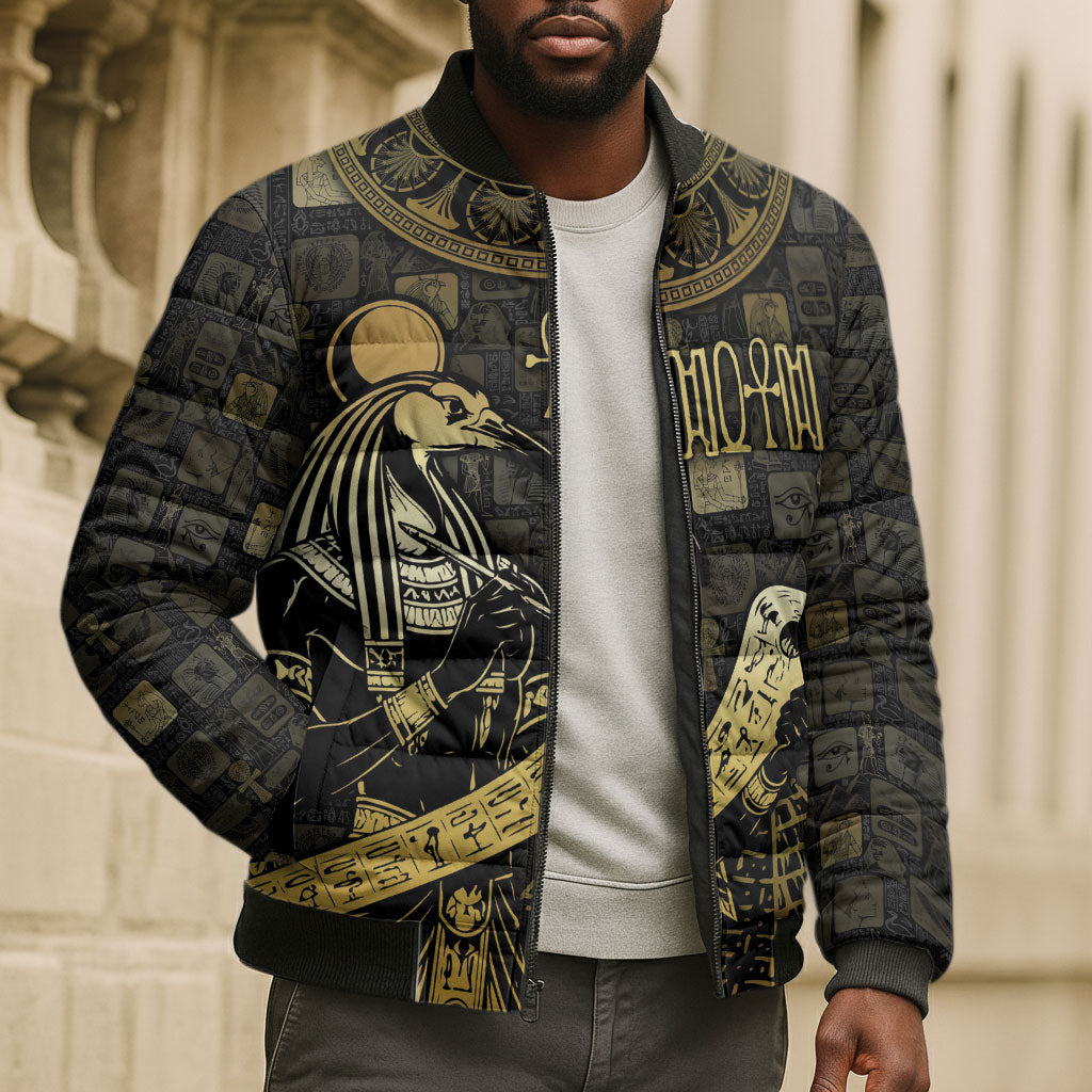 Egyptian God Thoth Bomber Puffer Jacket Ancient Mythology Ibis Wisdom Hieroglyphic