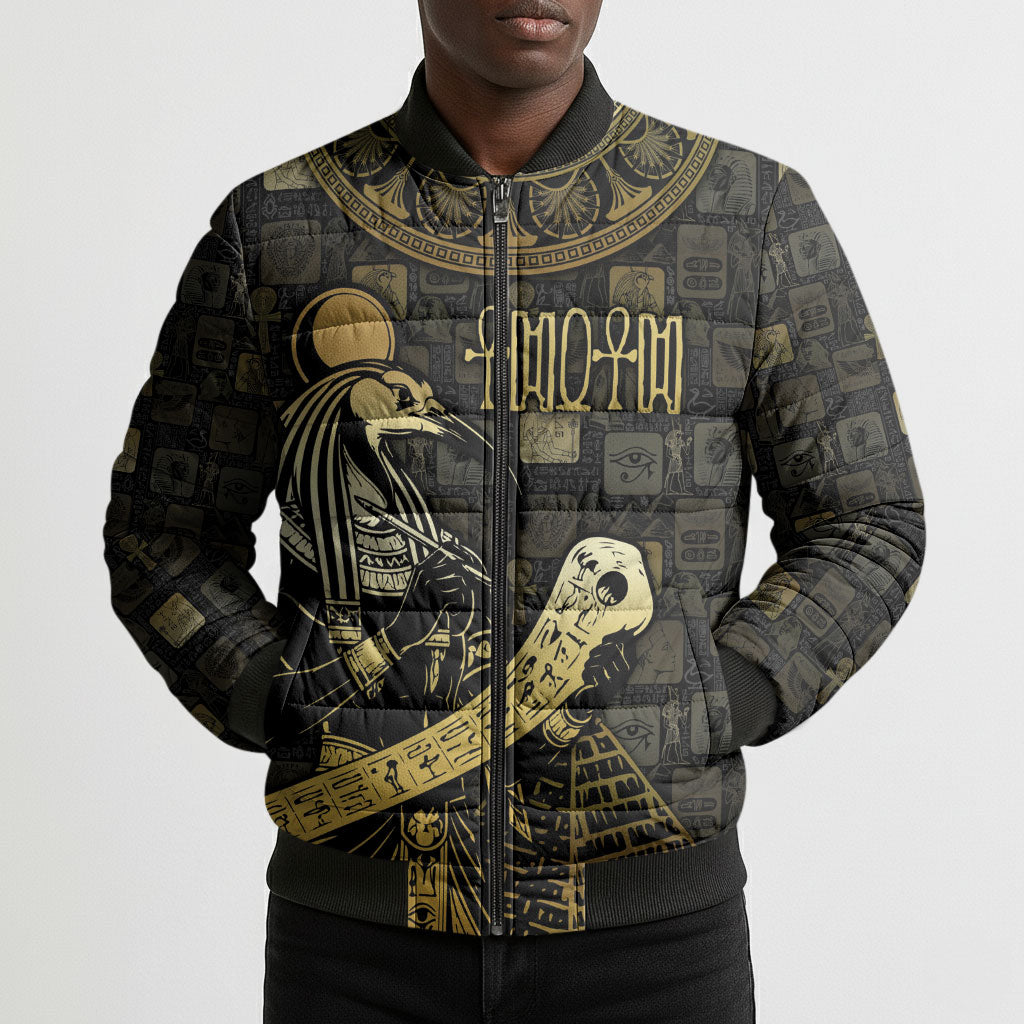 Egyptian God Thoth Bomber Puffer Jacket Ancient Mythology Ibis Wisdom Hieroglyphic