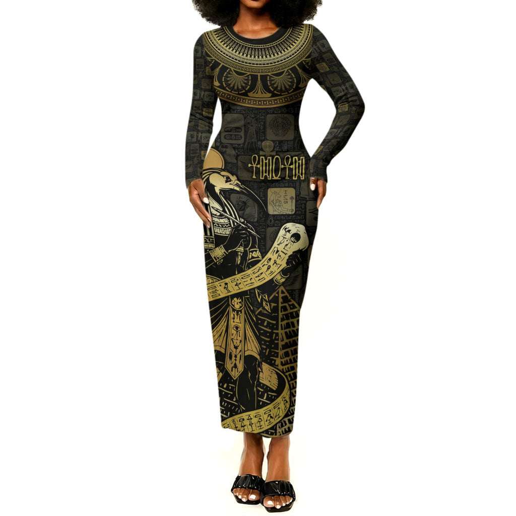 Egyptian God Thoth Long Sleeve Bodycon Dress Ancient Mythology Ibis Wisdom Hieroglyphic