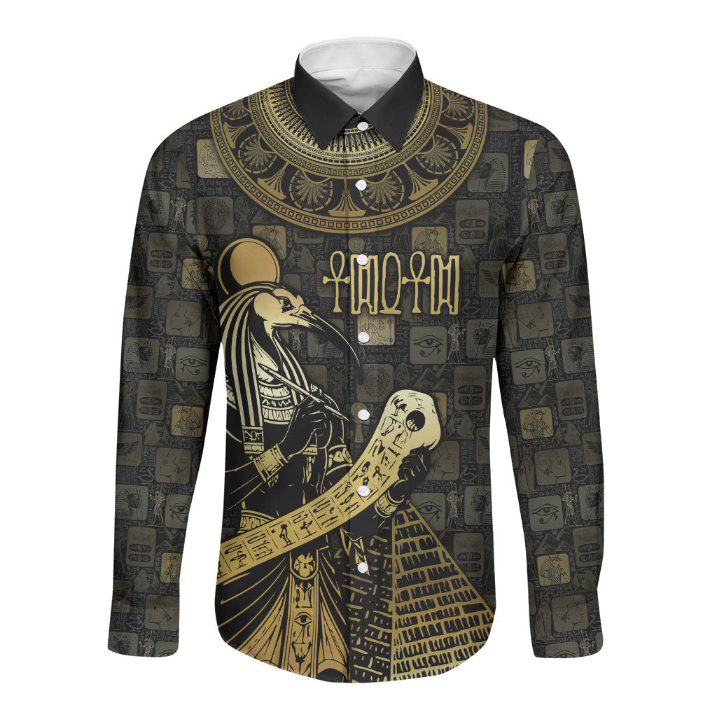 Egyptian God Thoth Long Sleeve Button Shirt Ancient Mythology Ibis Wisdom Hieroglyphic