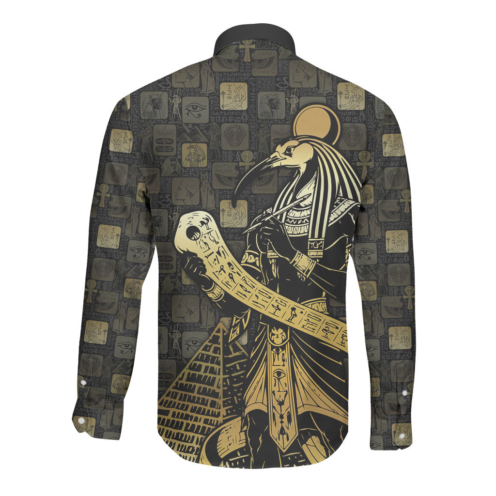 Egyptian God Thoth Long Sleeve Button Shirt Ancient Mythology Ibis Wisdom Hieroglyphic