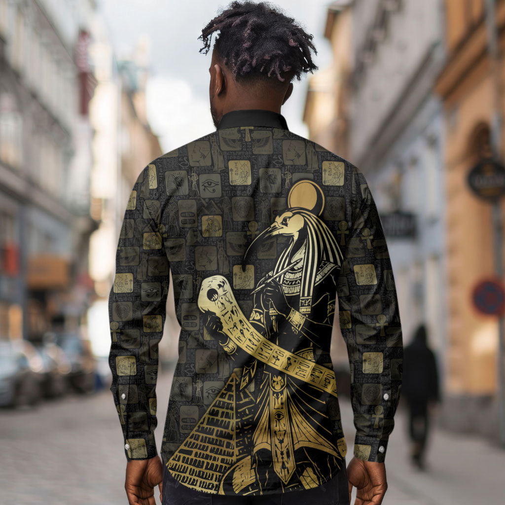 Egyptian God Thoth Long Sleeve Button Shirt Ancient Mythology Ibis Wisdom Hieroglyphic