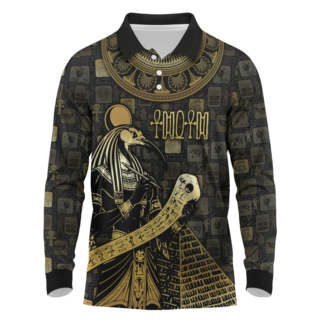 Egyptian God Thoth Long Sleeve Polo Shirt Ancient Mythology Ibis Wisdom Hieroglyphic