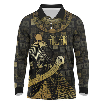 Egyptian God Thoth Long Sleeve Polo Shirt Ancient Mythology Ibis Wisdom Hieroglyphic