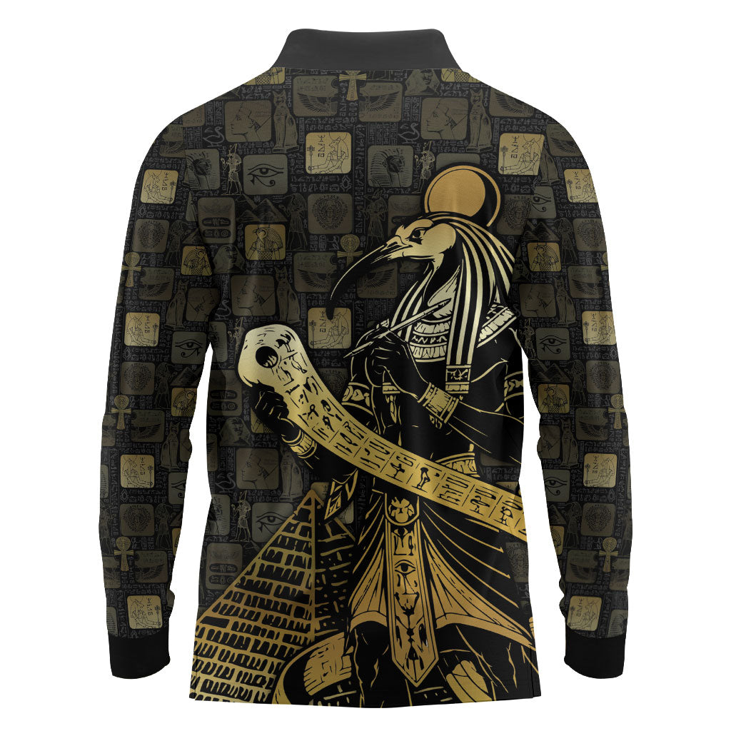 Egyptian God Thoth Long Sleeve Polo Shirt Ancient Mythology Ibis Wisdom Hieroglyphic