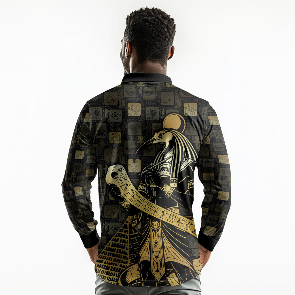 Egyptian God Thoth Long Sleeve Polo Shirt Ancient Mythology Ibis Wisdom Hieroglyphic